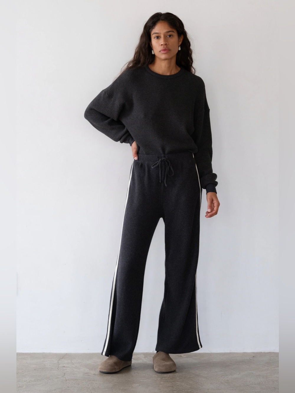 DONNI. The Thermal Crop Stripe Pant in Charcoal Grey— Womens Medium